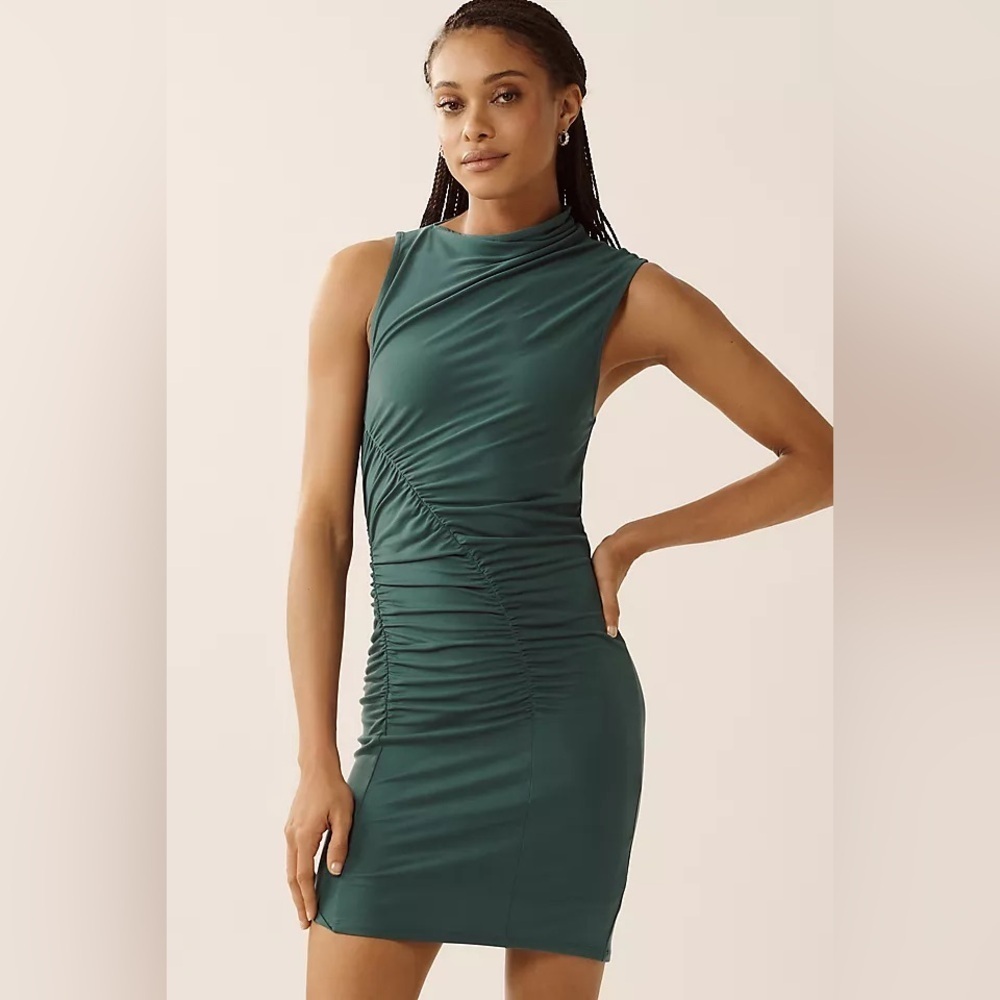 NWT new medium Anthropologie ruched mock neck knit sleeveless dress teal green